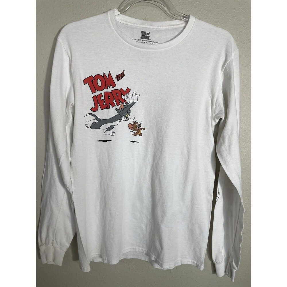 Tom And Jerry Graphic Long Sleeve Shirt Unisex White Cotton XS Funny Cartoon Tee